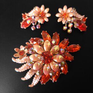 Vintage Peach Enamel & Orange Rhinestone Flower Brooch & Earring Set